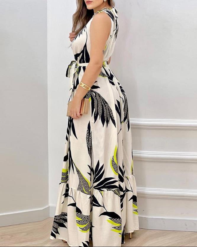 flowersverse Dresses for Women 2023 Spring Fashion Leaf Print Sleeveless Casual O-Neck Maxi Daily Vacation Dress with Belt