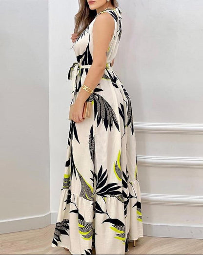 flowersverse Dresses for Women 2023 Spring Fashion Leaf Print Sleeveless Casual O-Neck Maxi Daily Vacation Dress with Belt