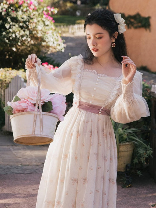 flowersverse Back to school outfit Cottage Style Retro Fairy Dress Woman Vintage Print Floral Lace Ruffles Puff Sleeve Soft Royal Princess Dresses Gorgeous Vestido