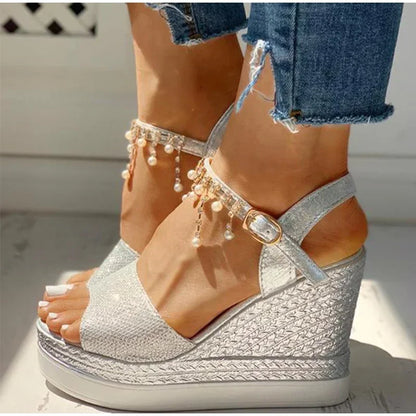 flowersverse-2024 New Women Wedge Sandals Summer Bead Studded Detail Platform Sandals Buckle Strap Peep Toe Thick Bottom Casual Shoes Ladies