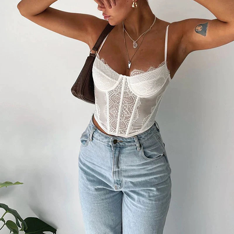 flowersverse-Women Sexy Lace Trim Push Up Bustier V-neck Sleeveless See-through Bodycon Vest Summer Slim Fit Corset Tops Clubwear Streetwear