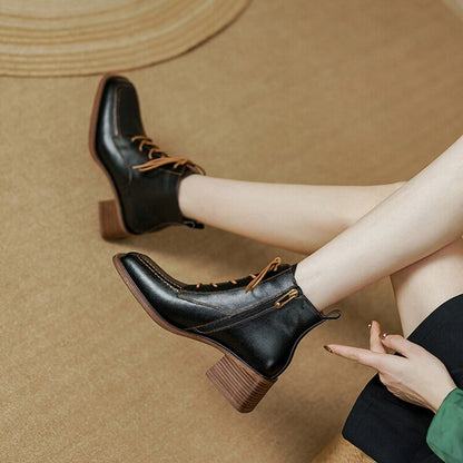 flowersverse Autumn Women Boots Square Toe Chunky Heel Boots for Women Genuine leather Shoes Women Lace Black Ankle Boots Winter Shoes Women