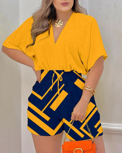 flowersverse Jumpsuit Women  Summer Fashion Batwing Sleeve Shirred Waist Casual Plain V-Neck Short Sleeve Above Knee Romper Streetwear