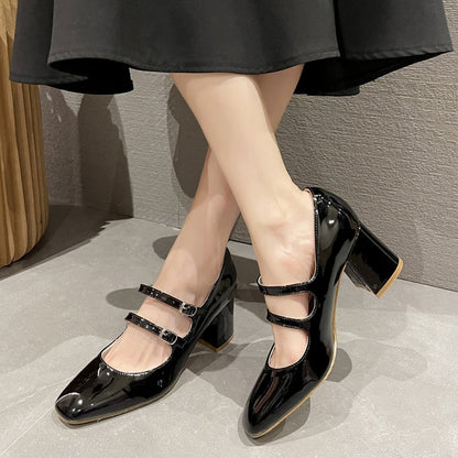 flowersverse Thick High Heels Mary Jane Shoes for Women Spring  Fashion Double Buckle Strap Pumps Women Black Patent Leather Shoes