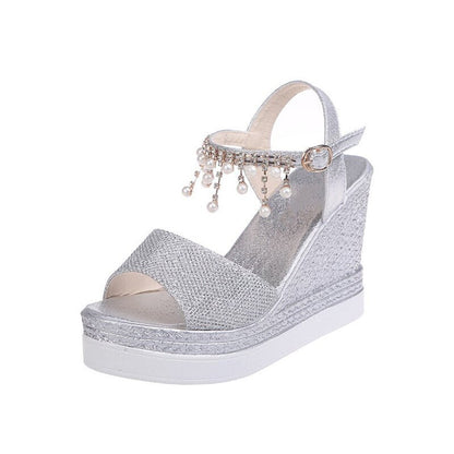 flowersverse New Women Wedge Sandals Summer Bead Studded Detail Platform Sandals Buckle Strap Peep Toe Thick Bottom Casual Shoes Ladies