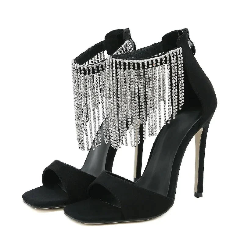 flowersverse-Summer Crystal Fringe Peep Toe Woman Sandals Fashion Design Zipper Thin High Heels Banquet Stripper Shoes