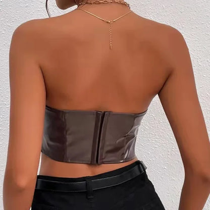 flowersverse-Sexy Tank Top Glossy PU Leather Halter Crop Tops Women Wrap Chest Bare Midriff Camisole Sleeveless  Tube Top Female Cropped Vest