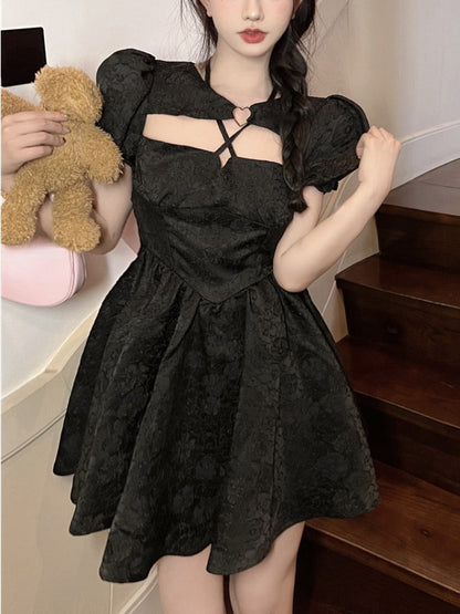 flowersverse Back to school outfit Gothic Short Party Dress Puff Bandage Bow Lolita Kawaii Mini Dress Korean Fashion Birthday Party Summer Dresses For Women