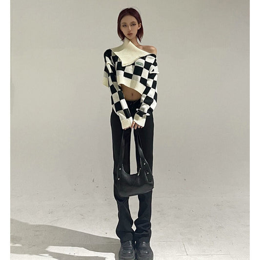 flowersverse Black White Plaid Turtleneck Sweater Knit Women Spring Autumn New Design Short Loose Off-The-Shoulder Casual Shoulder