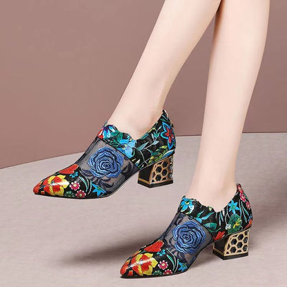 flowersverse New Fashion Personality Pointed Toe Sandals Women Summer New Mid Heel Square Heel Zipper Printed Casual Ladies High Heels