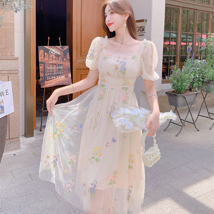 flowersverse Back to school outfit Chic Vintage Mesh Lace Fairy Dress Summer Woman Embroidery Floral Puff Sleeve Romantic Princess Dresses For Date Party Night