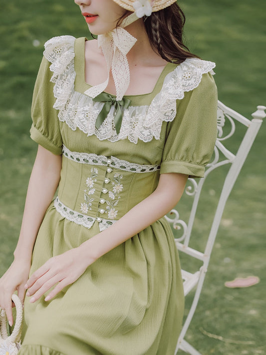 flowersverse Back to school outfit Summer Cottagecore Green Dress Japan Mori Girl Style Cotton Linen Lace Square Collar Embroidery Flower Vintage Prairie Dresses