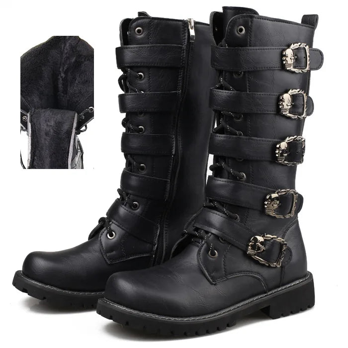 flowersverse-New Men's Leather Motorcycle Boots Military Boots Gothic Belt Punk Boots Men's Shoes Outdoor Tactical Military Boots