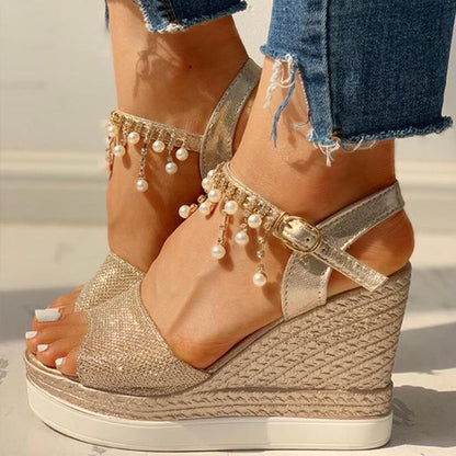 flowersverse New Women Wedge Sandals Summer Bead Studded Detail Platform Sandals Buckle Strap Peep Toe Thick Bottom Casual Shoes Ladies