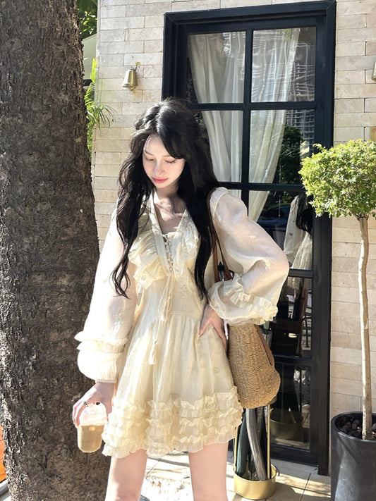 flowersverse Autumn Fairy Pure Color Mini Dress Woman Casual Long Sleeve Elegant Dress Korean Fashion Short Party Dress Chic Design