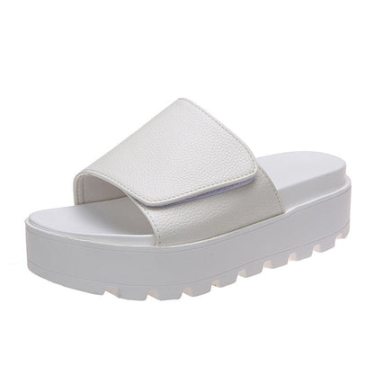 flowersverse Black PU Leather Platform Slippers Women Plus Size 43 Thick Soled Sandals Woman  Summer Non-slip Slides Shoes Female