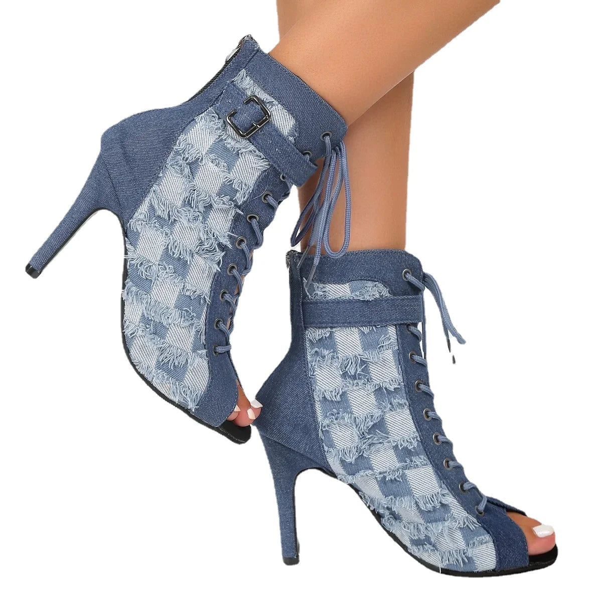 flowersverse-Rubber Sole Latin Dance Boots Sexy Modern Shoes Dance High-heeled 9cm Sandals Lace-up Hollow Belt Buckle Fashion Square Denim