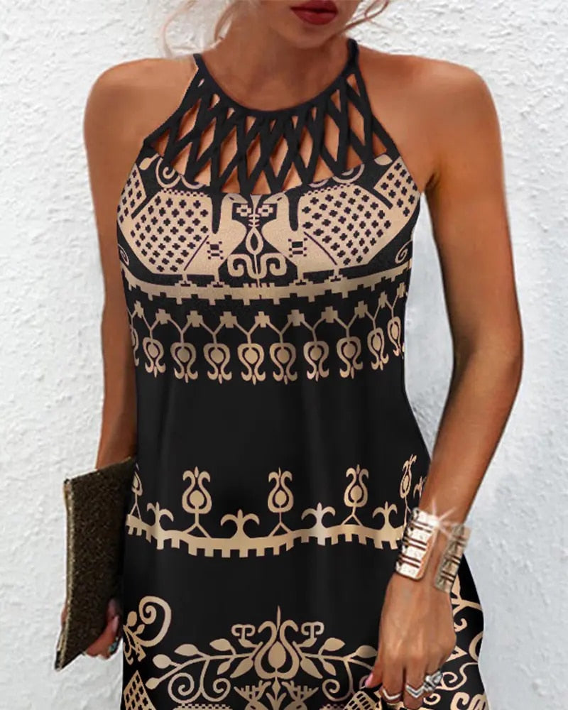 flowersverse Women's dresses summer new Casual Sleeveless Vintage Tribal Print Cutout Daily Dress