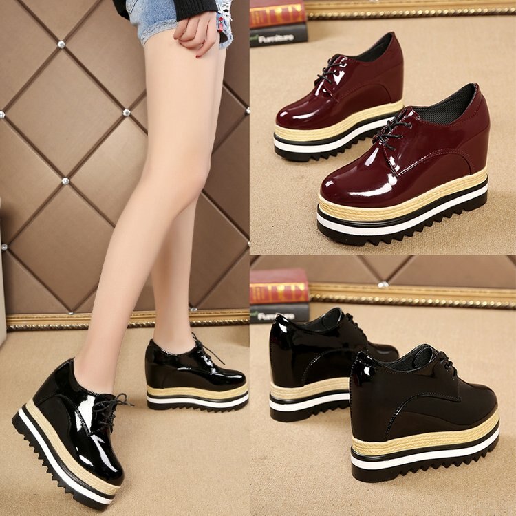 flowersverse Brand Spring Casual Solid Women Shoes Patent Leather Lace-Up Loafers Platforms Sneakers British Style Ladies Oxfords W4