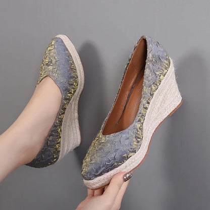 flowersverse-New Pointed Shallow Mouth Women Wedge Heel Thick Sole Single Shoes Women Straw Woven Twine rope sole Spring Autumn Shoes