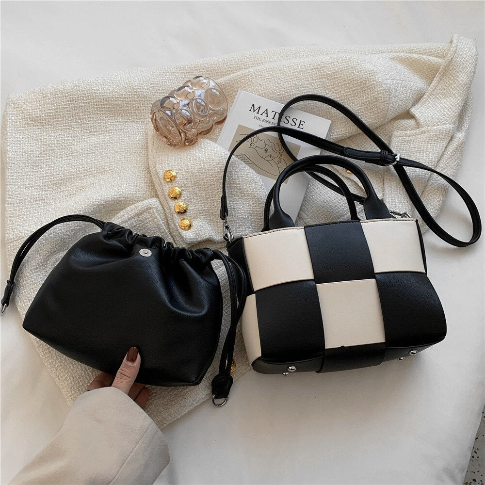 flowersverse Back to school Woven Checkered Small Designer Women Handbags New Trend Short Handle Fashion Bucket Ladies Shoulder Crossbody Bags