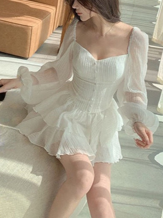 flowersverse  Summer Bodycon Mini Dress Women Chiffon Puff Sleeve Short Party Dress Elegant Square Collar One Piece Dress Korean Casual