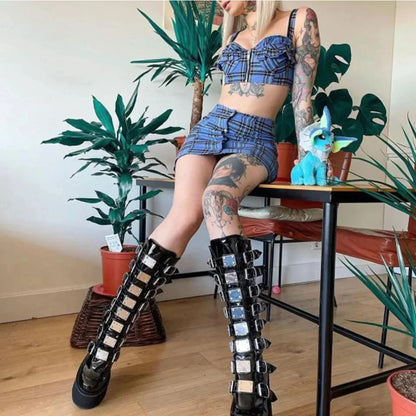 flowersverse-Punk Women Boots Ladies Cosplay High Boots Comfort Long Tube Leather Boots Black Platform High Wedges Women Shoes Gothic Style