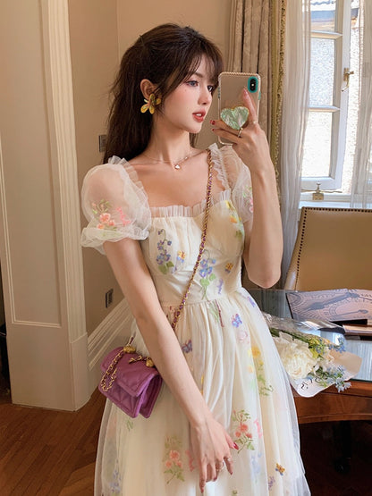 flowersverse Back to school outfit Summer Mesh Fairy Dress For Slim Lady Chic Sweet Embroidery Floral Puff Sleeve Romantic Princess Dresses For Party Night Vestido