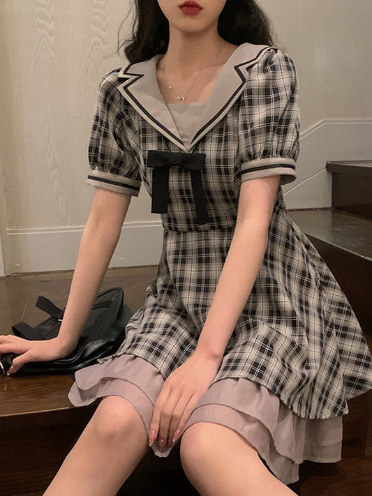 flowersverse Back to school outfit Vintage Sweet Plaid Short Party Dress Slim Fashion Chiffon Chic Mini Dress Even Party Preppy Style Dress For Women Summer