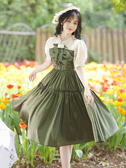 flowersverse Back to school outfit Sweet Lolita Princess Dress Woman Summer Japan Style Army Green Beading Puff Sleeve Mori Girl Dresses Vintage Vestido Curto