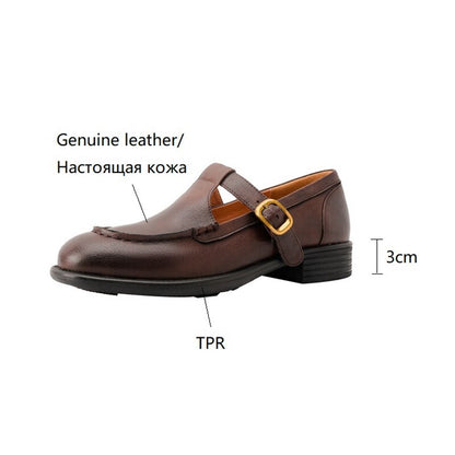 flowersverse NEW Spring Women's Pumps Genuine Leather Shoes for Women Round Toe Chunky Heel Shoes Retro Low Heel Mary Janes Retro Brown Shoes