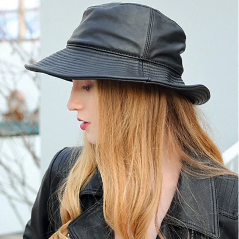 flowersverse- New Spring/Winter Japanese Women Genuine Leather Bucket Hats Men/Women Black Fisherman Caps Easy Carry Street Bonnet