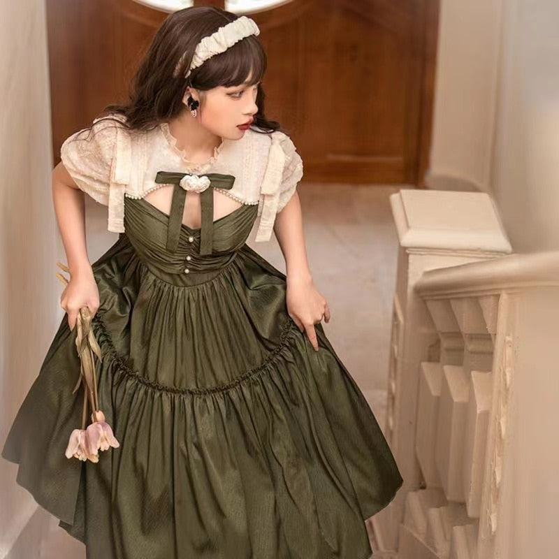 flowersverse Back to school outfit Sweet Lolita Princess Dress Woman Summer Japan Style Army Green Beading Puff Sleeve Mori Girl Dresses Vintage Vestido Curto