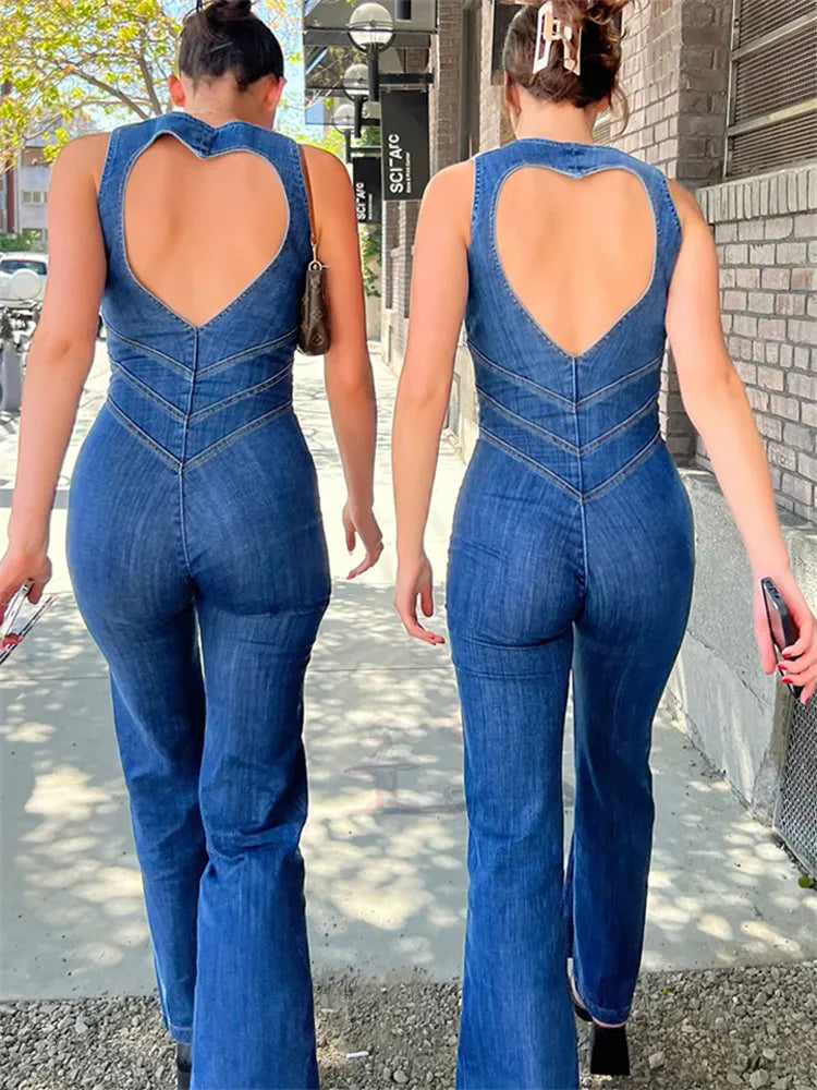 flowersverse- Backless Heart Cutout Bodycon Jumpsuit For Women Casual Sleeveless Slim One-Piece Outfits Retro Denim Jumpsuits New