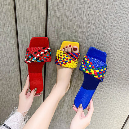 flowersverse  New Fashion Weave Slippers Women Square Toe Flat Casual Shoes Women Slide Summer Flip Flops Beach Sandal Slipper Big Size42