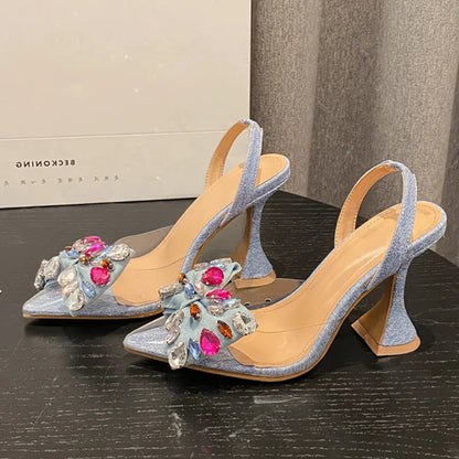 flowersverse- Fashion Denim Bowknot Crystal Pumps Sexy Pointed Toe High Heel Women Sandals Prom Party Spring Shoes Zapatillas De Mujer