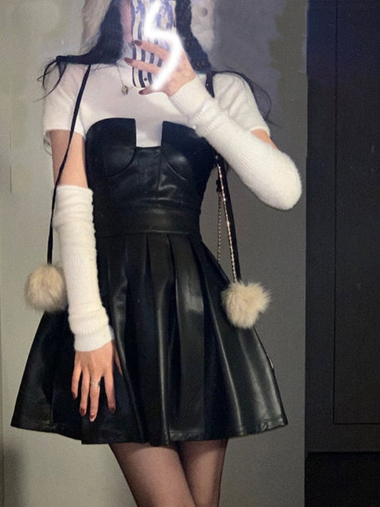 flowersverse Back to school outfit  Spring Elegant Y2K Mini Dress Women Casual Two Piece Dress Set Korean Knitted Sweater Crop Tops Chic Sexy Short Party Dress