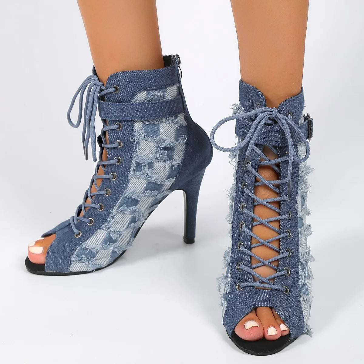 flowersverse-Rubber Sole Latin Dance Boots Sexy Modern Shoes Dance High-heeled 9cm Sandals Lace-up Hollow Belt Buckle Fashion Square Denim