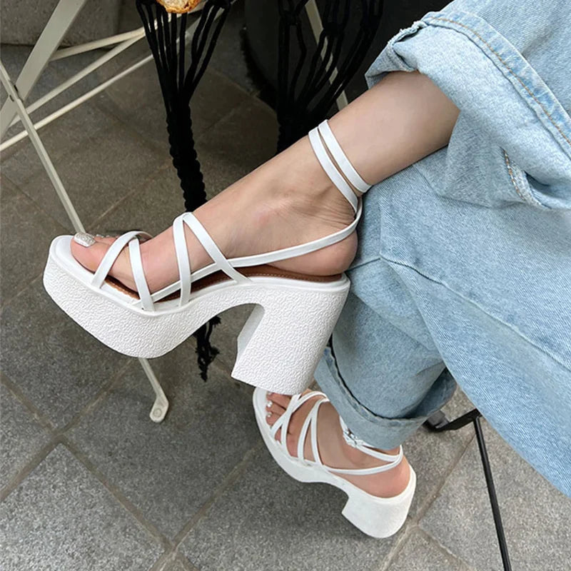 flowersverse-Brand Women High Heels Party Shoes Chunky Sandals  New Summer Cross Tied Sexy Pumps Rome Ladies Shoes Slippers Mujer Zapatos