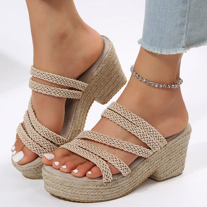 flowersverse Women's Chunky Platform Sandals Thick Bottom Rivet Espadrilles Women Shoes  Summer Weaving Gladiator Sandals Woman Plus Size