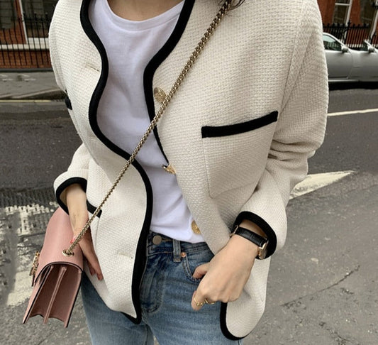 flowersverse Back to school outfit Sweet Chic Coat Woman  Autumn Korean Vintage Contrast Color Single Breast Loose Long Sleeves Versatile Short Jacket