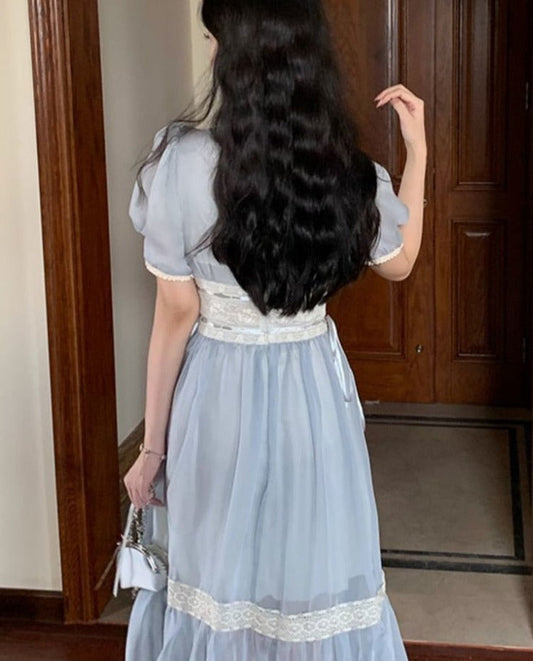 flowersverse  Summer Elegant Fairy Midi Dress Women Blue Vintage Evening Beach Party Dresses Female Korean Fashion Holiday Chiffon Dress