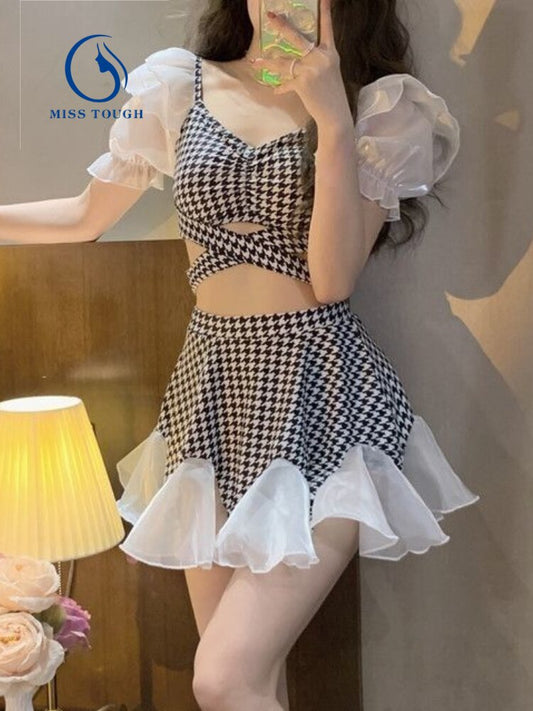 flowersverse Back to school outfit 2 Piece Dress Set Women Chic Vintage Chiffon Sexy Casual Blouse + Sweet Short Skirts Fashion Suits Korean Dress Summer Y2k