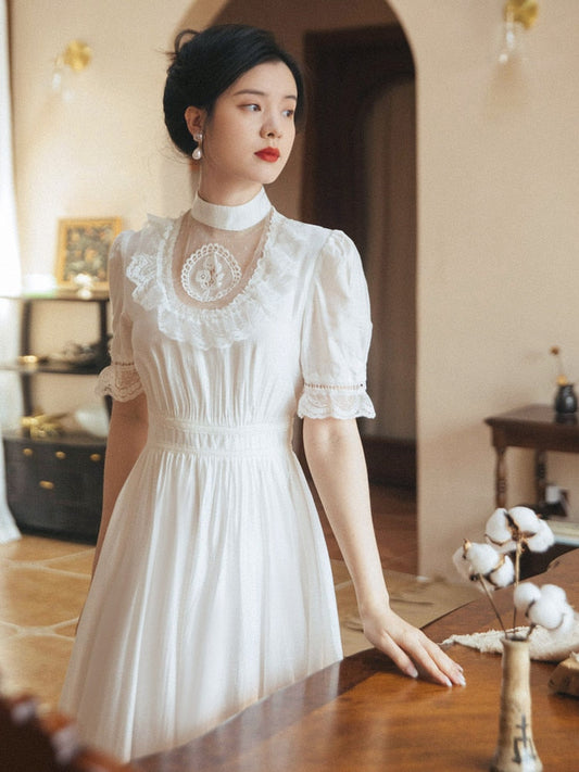 flowersverse Back to school outfit Summer Woman Elegant White Dress Romantic Vintage Lace Puff Sleeve Gorgeous Princess Dresses Vestido Blanco Robe Blanche Femme