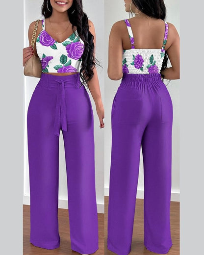 flowersverse Two Piece Sets Womens Outifits Summer Fashion Printed Suspenders V Neck Sleeveless Crop Top & Casual Wide-Leg Long Pants Set