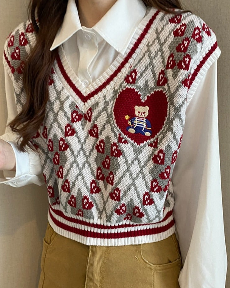 flowersverse Back to school outfit Women Knit Vest  Autumn Winter New Love Bear Embroidered Sweet Short Sleeveless Outer Stacked Waistcoat Tops Casual