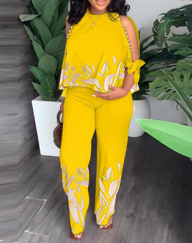 flowersverse Two Piece Sets Women Outifit  Summer Fashion Plants Print Split Sleeve O-Neck Top & Casual Straight Leg Pants Set Streetwear