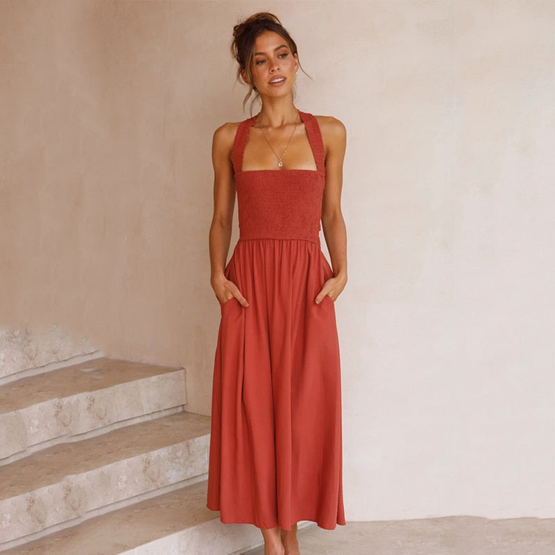 Back to college Elegant Halter Neck Sleeveless A-Line Summer Midi Dress Women Black Backless Lace Up Boho Spaghetti Party Dresses Vestidos