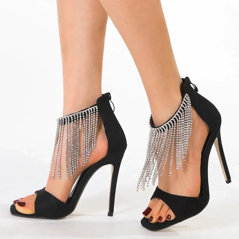 flowersverse-Summer Crystal Fringe Peep Toe Woman Sandals Fashion Design Zipper Thin High Heels Banquet Stripper Shoes