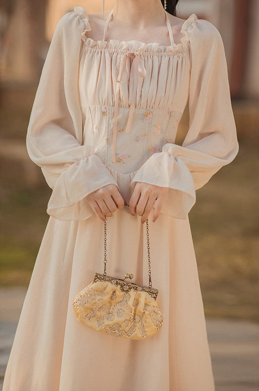 flowersverse Back to school outfit Cottage Style Retro Fairy Dress Woman Romantic Vintage Flare Sleeve Embroidery Floral Bandage Princess Dresses Vestido Festa